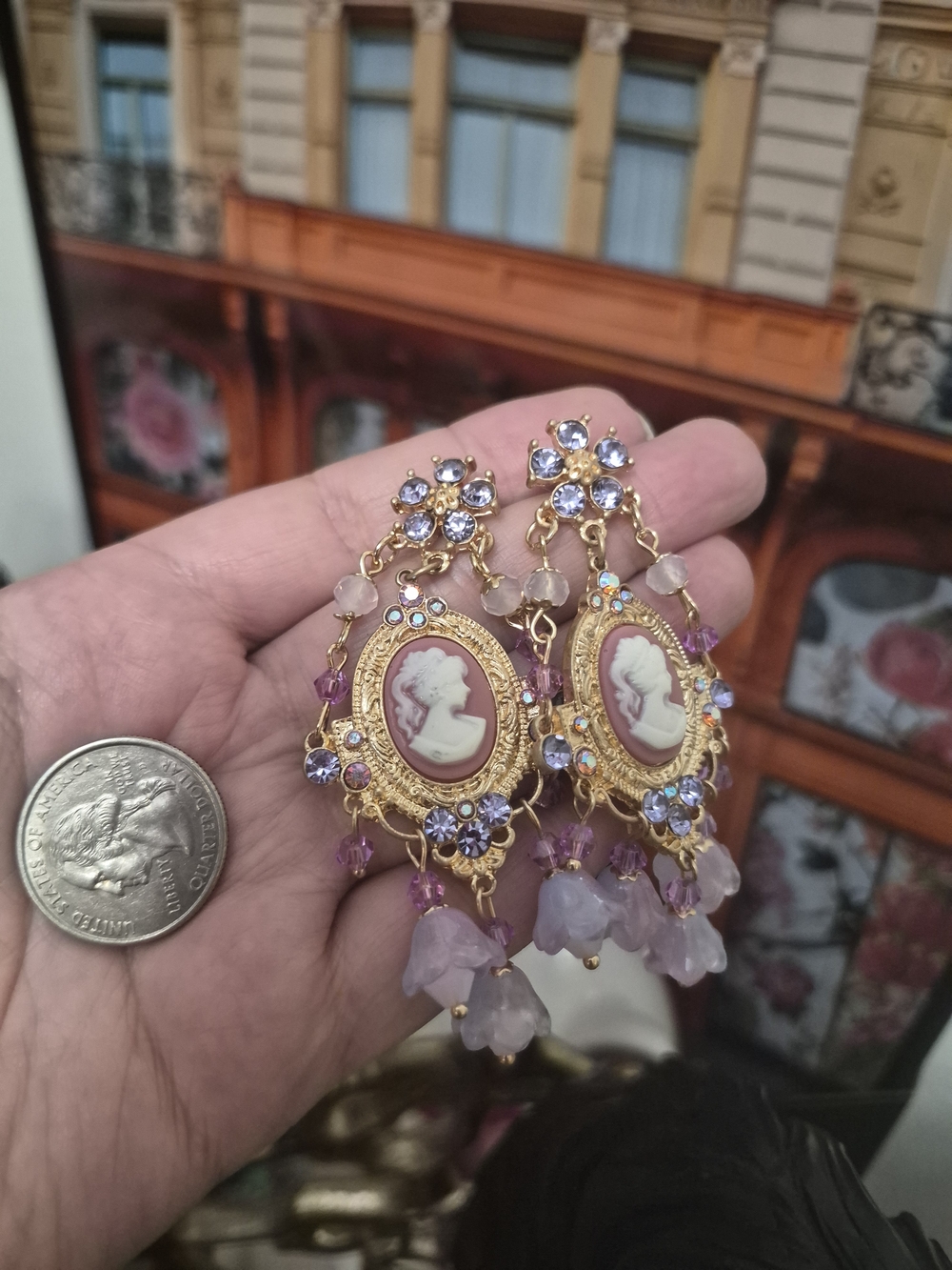 Vintage Gold and Lavender Cameo Drop Earrings